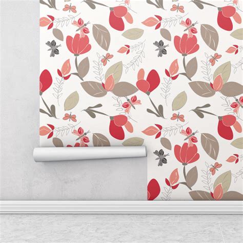 Papel De Parede Estilo Floral Tons De Vermelho Marrom Bege Nude E Cinza Para Quartos E Sala Em