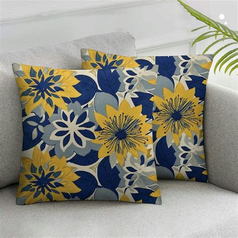 Pikweek Yellow And Blue Throw Pillow Covers 18x18 Inch Set Of 2 Navy Yellow Gray Grey Dahlia