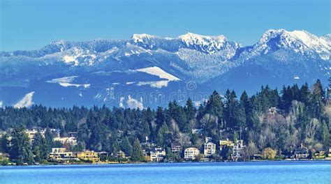 Houses Residential Neighborhoods Lake Washington Snow Capped Mountains Bellevue Washington Stock ...