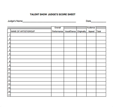 Free Printable Judging Score Sheet