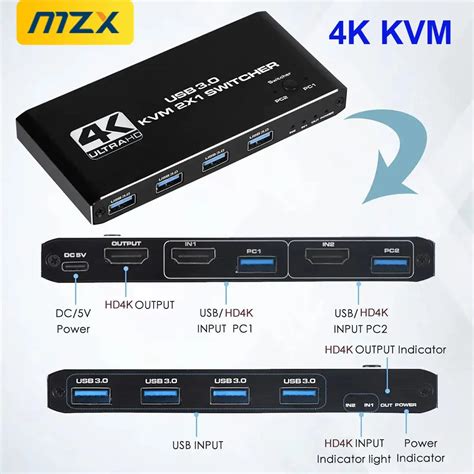 MZX KVM Switch 4K 60Hz USB 3 0 Hub Docking Station HDMI Compatible