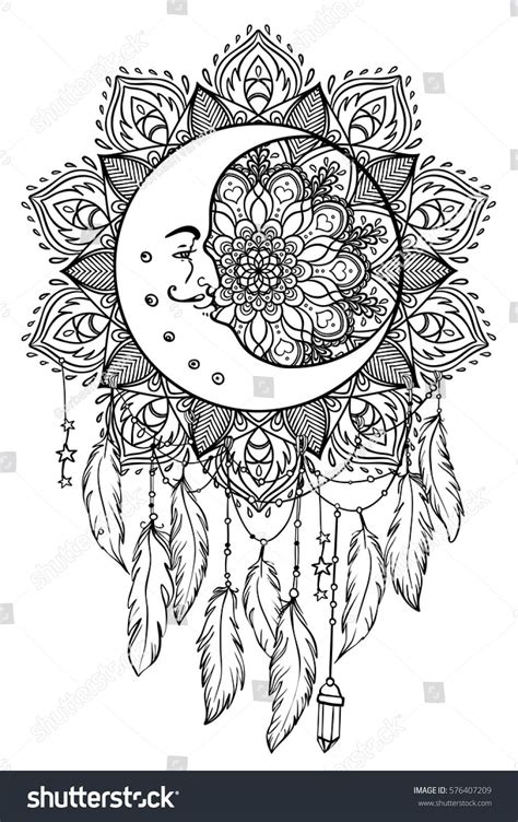 Hand Drawn Native American Indian Talisman Dreamcatcher With Feathers