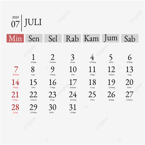 July 2024 Calendar Complete With Red Dates For Holidays And Javanese