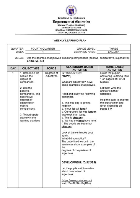 WLP Q4 W1 English WEEKLY LEARNING PLAN QUARTER FOURTH QUARTER GRADE