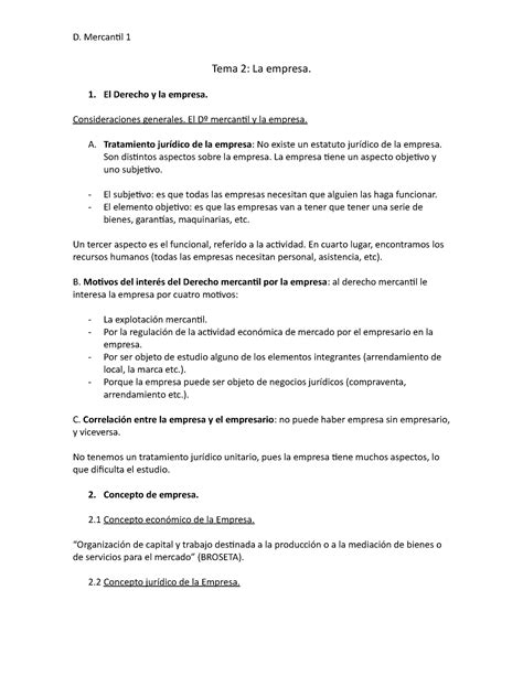 D Mercantil Tema 2 Tema 2 La Empresa El Derecho Y La Empresa Consideraciones Generales El