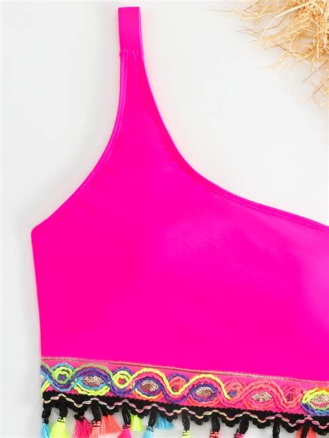 SHEIN Swim BohoFeel Bañador bikini bajo con fleco de un hombro Moda