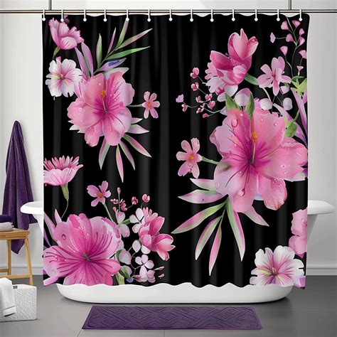 Black Pink Flower Pattern Shower Curtain Set High Resolution