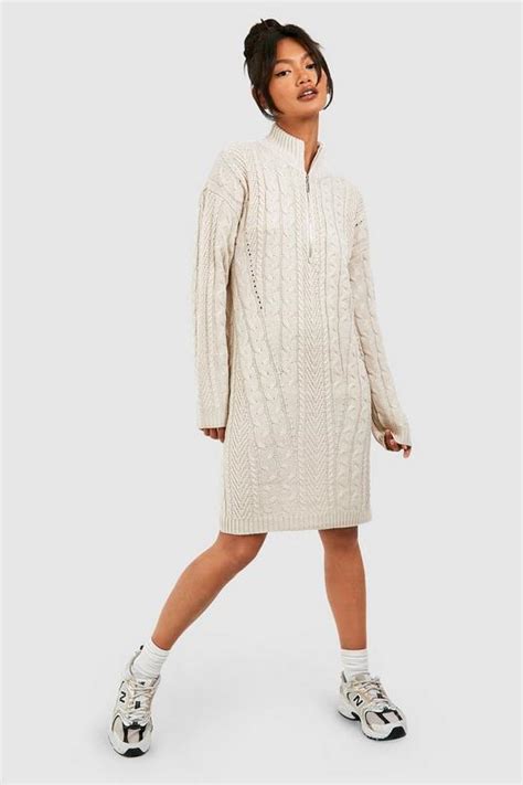 Half Zip Cable Knitted Mini Dress Boohoo Uk