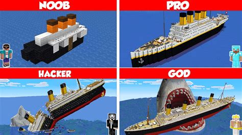 Minecraft Titanic House Build Challenge Noob Vs Pro Vs Hacker Vs God