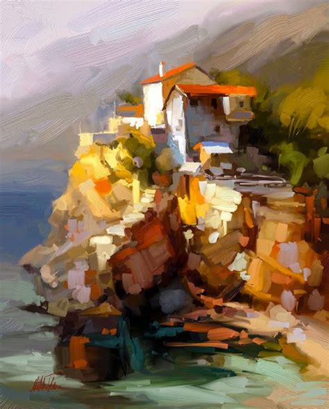 Villa On The Rocks Landscape Digital Oil Painting By Mikko Tyllinen