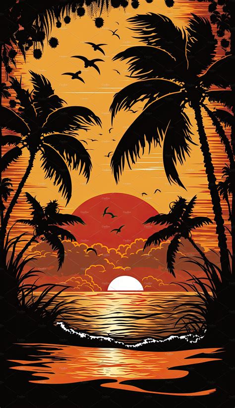 Silhouette Palm Tree On Beach Under Sunset Sky Background Orang