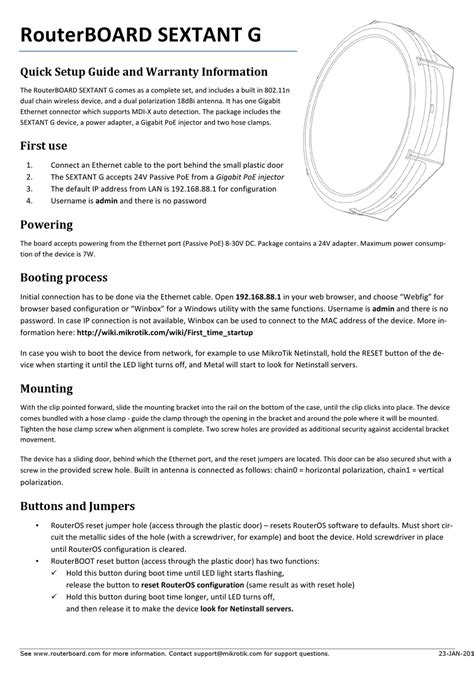 Mikrotik Routerboard Sextant G Quick Setup Manual And Warranty