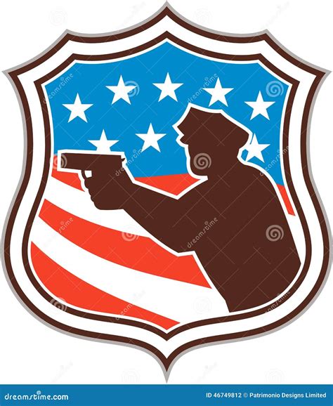 Policeman Silhouette Pointing Gun Flag Shield Retro Stock Vector