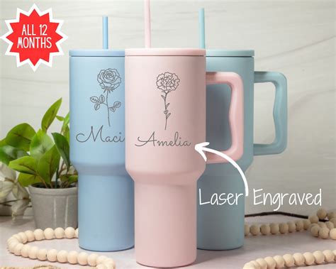 Birth Flower Personalized 40oz Tumbler With Handle And Straw Birth Month Insulated Tumbler