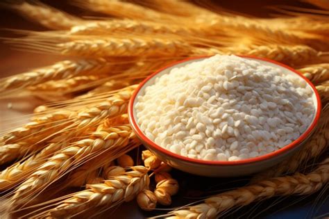 Иллюстрация крупным планом, показывающая пшеничное зерно и муку тонкого ...