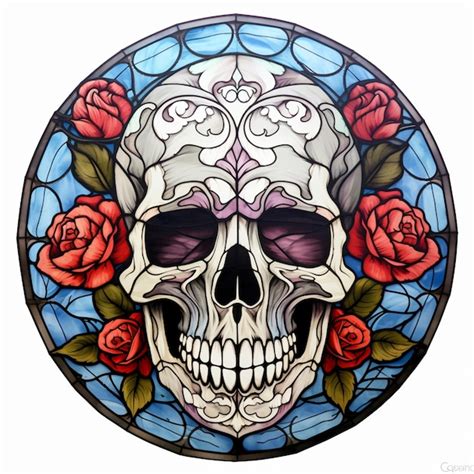 Premium Photo A Close Up Of A Stained Glass Skull With Roses On It