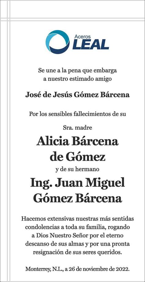 Alicia Bárcena de Gómez y Ing Juan Miguel Gómez Bárcena Obituario Esquela