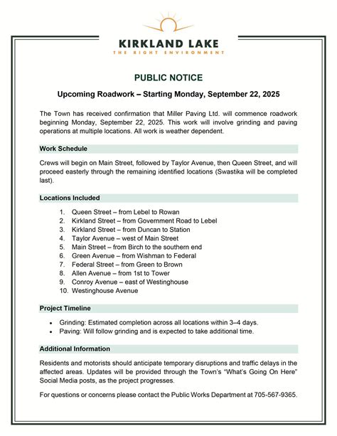 Town - Public Notice Upcoming Roadwork - Starting Monday, September 22