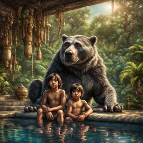 Mowgli And Baloo From The Jungle Book Relaxing In The Jungle By A Pool