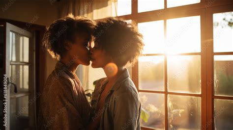 Two Black African Lesbian Women Kissing With Home Background Stock