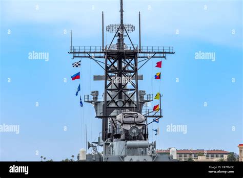 San Pedro Ca Usa June 2 2023 View Of Towers And Flags On The Uss