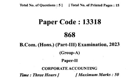 B 3rd Year Corporate Accounting Question Paper 2023 B Part