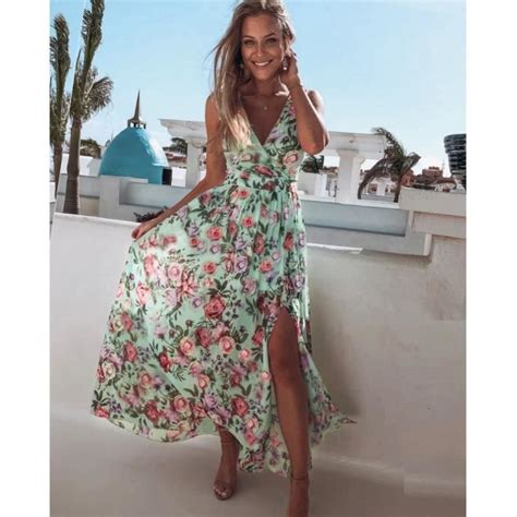 Robe T Femme Imprim Bouton Sans Manches Col V Robe De Plage Longue