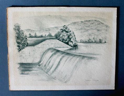 vintage original landscape waterfall pencil drawing, landscape art, original pencil art, sign ...