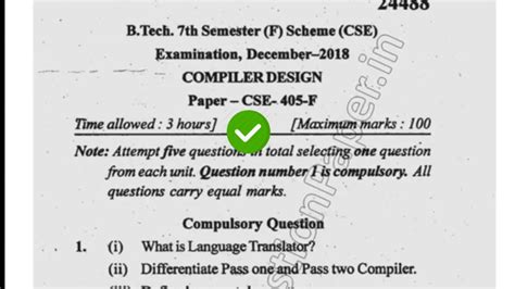 2018 Mdu Btech Cse 7th Sem Compiler Design Question Paper Mduquestionpaper Youtube