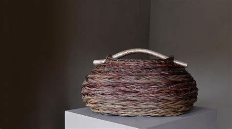 Large Scale Oval Herringbone Weave Basket With Hazel Handle By Sue Kirk