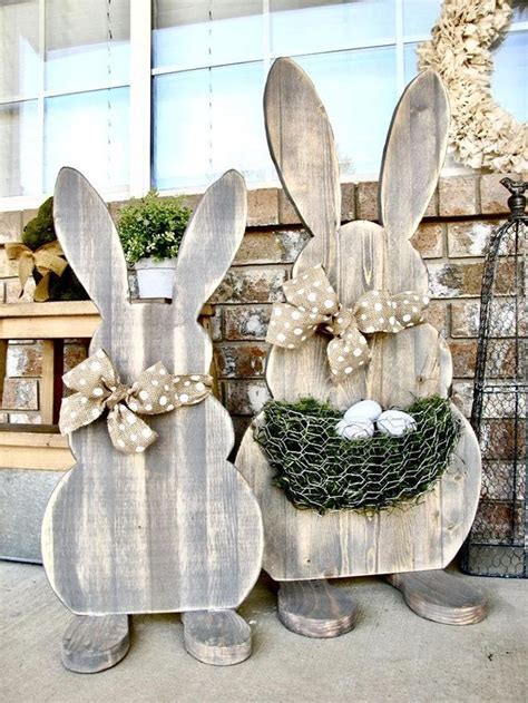 Easter Rabbit Set Of 2 Decor Wooden Rabbits Bunny Statues Easter Wood