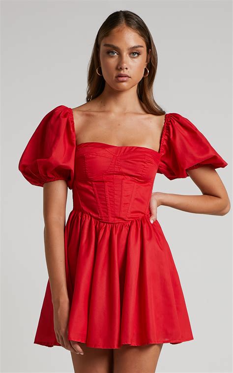 Souza Mini Dress Fit And Flare Puff Sleeve Corset Dress In Red Showpo