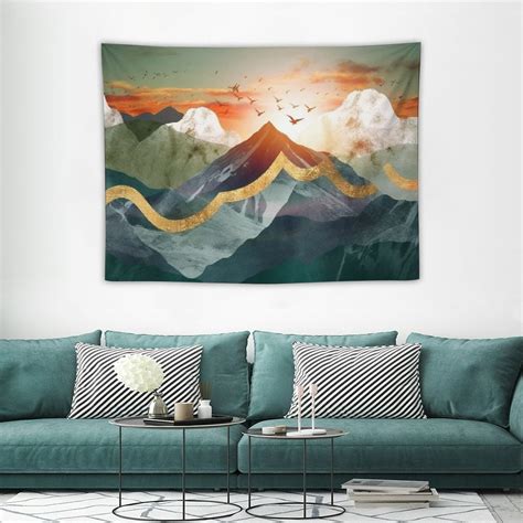 Onetech Mountain Forest Trees Art Tapestry Sunrise Nature Landscape