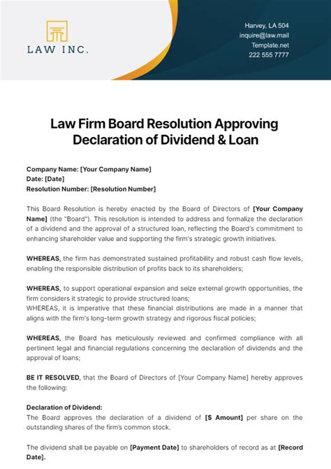 Free Law Firm Board Resolution Approving Declaration Of Dividend Loan