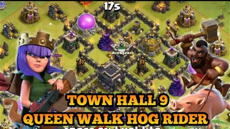 Attack Strategy Queen Walk Hog Rider Th9‼️ Clash Of Clans Youtube