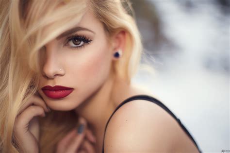 Wallpaper Women Blonde Face Portrait Depth Of Field Red Lipstick