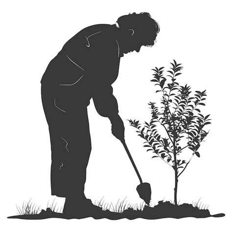 Silhouette Elderly Woman Planting Tree In The Ground Black Color Only