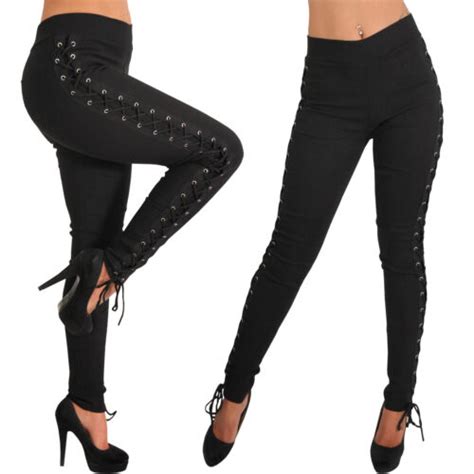 Stretch Hose breiter Bund Schnürung Treggings Leggings Röhre Stoff