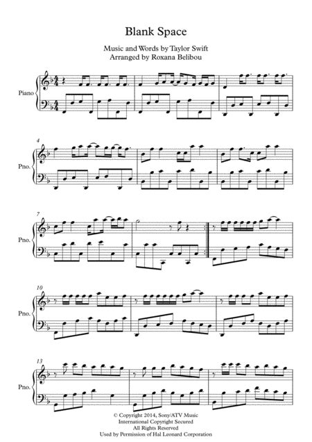 Blank Space Arr Roxana Belibou Sheet Music Taylor Swift Piano Solo