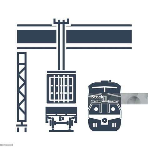 Vector Black Icon Container Crane Loading Pada Gerbong Barang Kereta Api Ilustrasi Stok Unduh