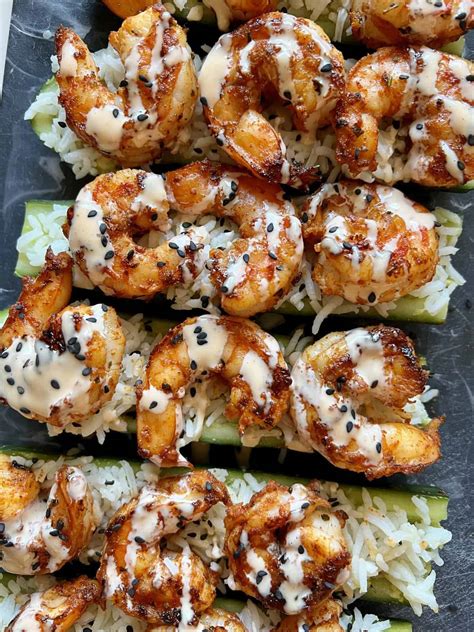 Spicy Shrimp Cucumber Sushi boats - Hungry Happens