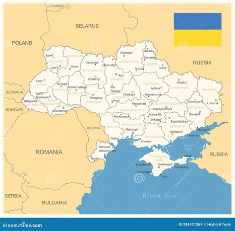 Mapa Detallado De Ucrania Con Divisiones Administrativas Y Bandera Del