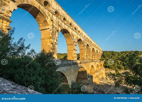 Aqueduct Pont Du Gard Over Gardon River Stock Photo Image Of Bridge