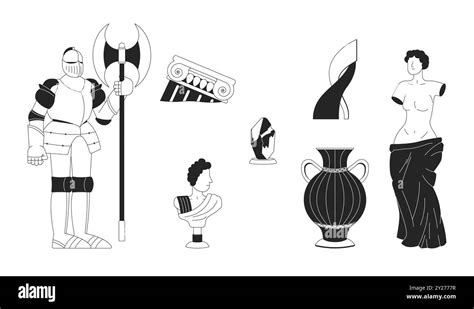 Ancient Museum Artifacts Black And White 2d Line Cartoon Objects Set