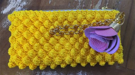 Clutch De Croche Girassol Ponto Bolha Bubble Stitch Forro F Cil