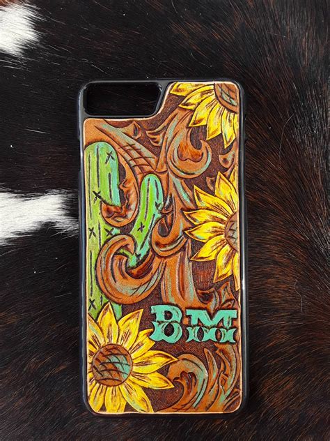 Custom Tooled Leather Phone Case With Cactus And Sunflowers