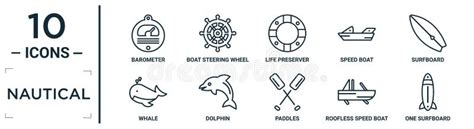 Nautical Linear Icon Set Includes Thin Line Barometer Life Preserver