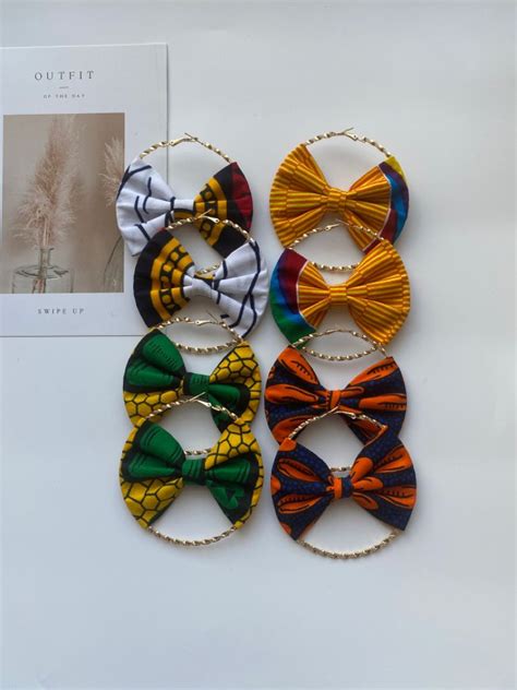 African Print Fabric Ntoma Ankara Kitenge Kente Bow Hoop Earrings Handmade Heart Handmade Bows