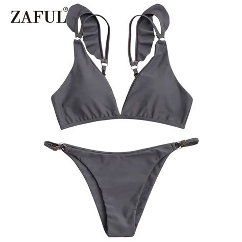 Zaful Adjustable String Plunge Bikini Set Swimwear Women Bathing