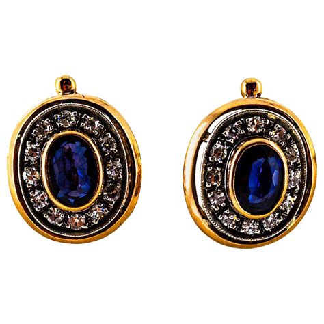 Art Deco Style White Diamond Blue Sapphire Yellow Gold Lever Back